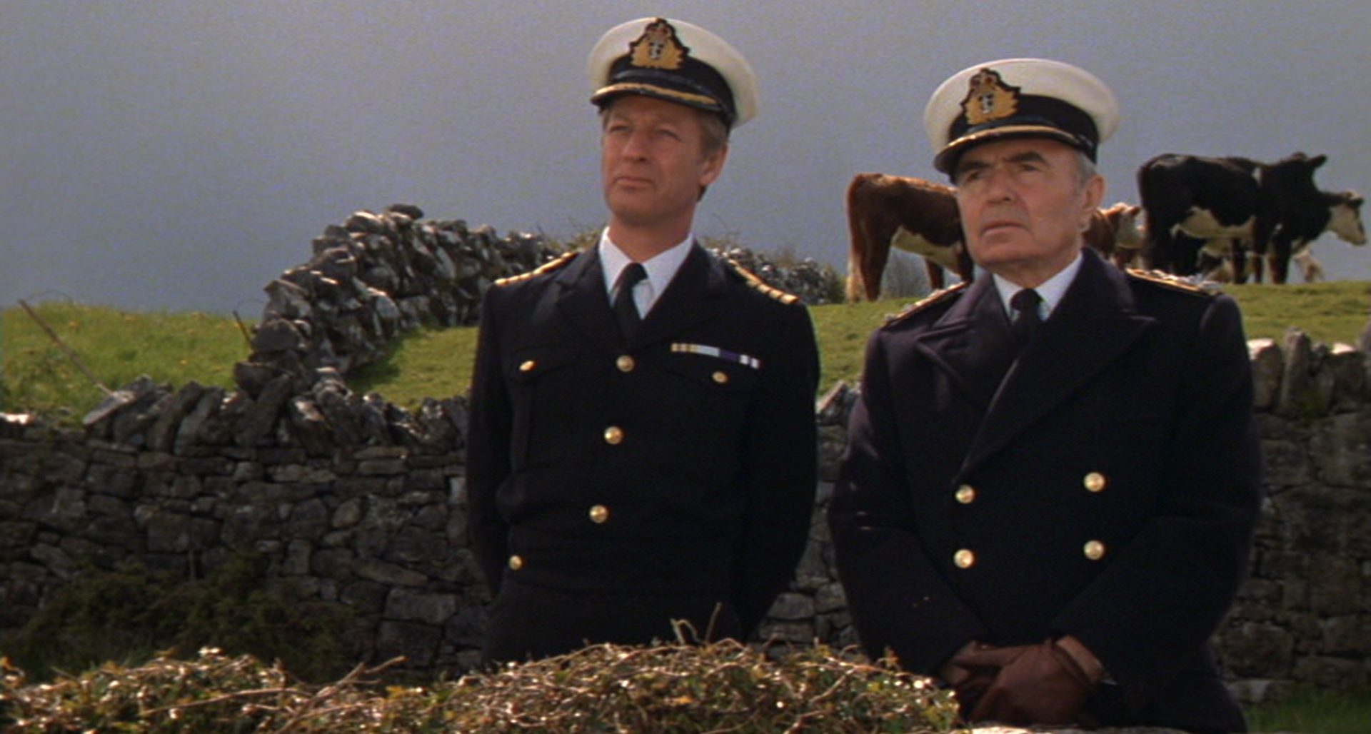 Zwei britische Marineoffiziere, von denen einen James Mason spielt, in ländlicher Umgebung mit alten, niedrigen Steinmauern, im Hintergrund weidet eine Kuhherde.